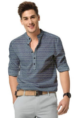 Men's Printed Spread Collar Casual Shirt Navy Blue